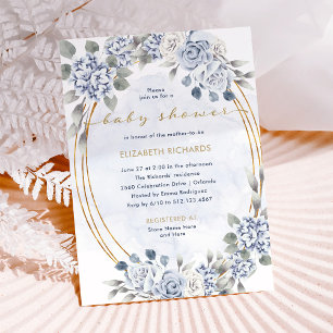 Invitation Dusty Blue et Gold Floral Baby shower élégant