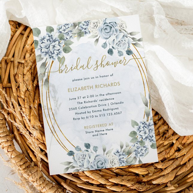 Invitation Dusty Blue et Gold Floral | Fête des mariées éléga (Créateur téléchargé)