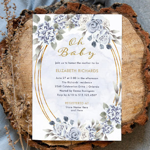 Invitation Dusty Blue et Gold Floral   Oh Baby shower