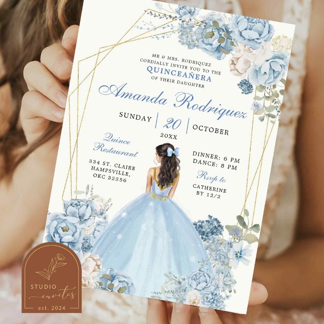 Invitation Dusty Blue et Gold Royal Crown Princesse mexicaine (Créateur téléchargé)