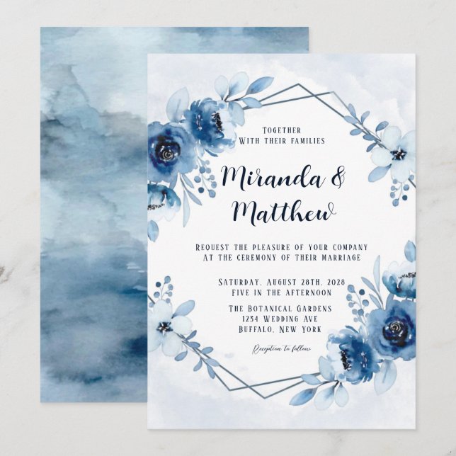 Invitation Dusty Blue et marine Aquarelle Peonies Mariage Inv (Devant / Derrière)