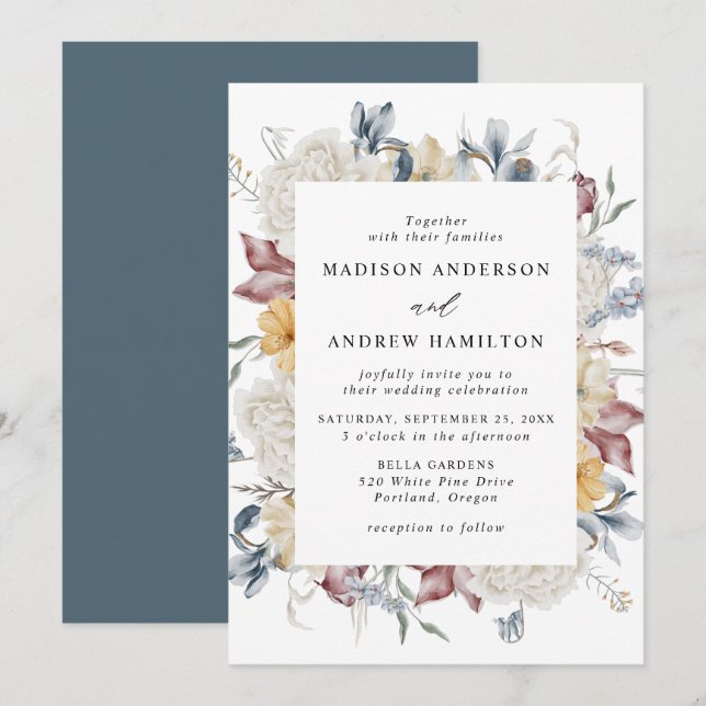 Invitation Dusty Blue et Mauve Fleur sauvage Meadow Mariage (Devant / Derrière)