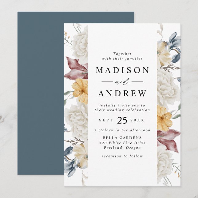 Invitation Dusty Blue et Mauve Fleur sauvage Meadow Mariage (Devant / Derrière)
