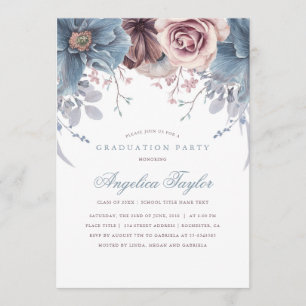 Invitation Dusty Blue et Mauve Floral Graduation Party