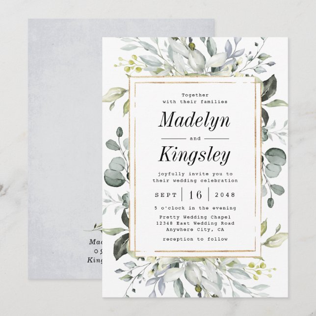 Invitation Dusty Blue et or Elegant Rustic Floral Mariage (Devant / Derrière)