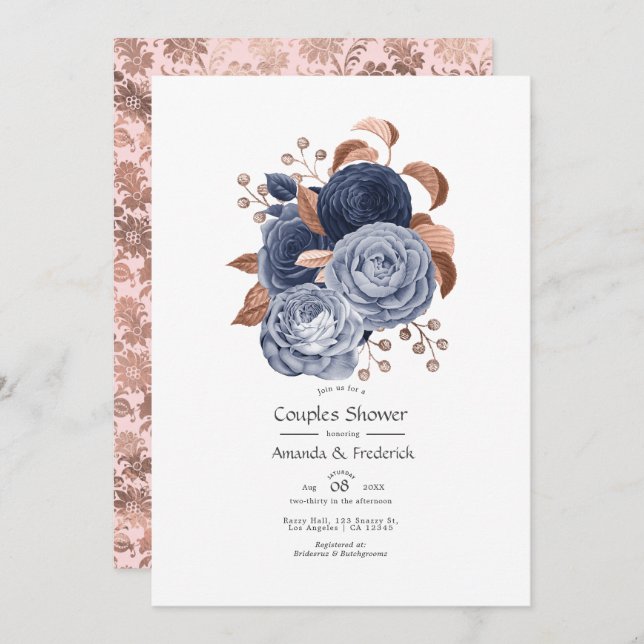 Invitation Dusty Blue et Rose Gold Floral Couples Douche (Devant / Derrière)