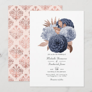 Invitation Dusty Blue et Rose Gold Floral Mariage