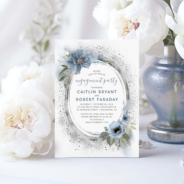 Invitation Dusty Blue et Silver Floral Engagement Party (Dusty Blue and Silver Engagement Party Invitations)