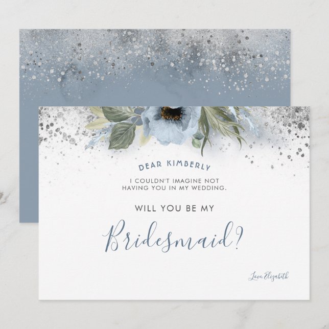 Invitation Dusty Blue et Silver Will you be my Bridesmaid (Devant / Derrière)