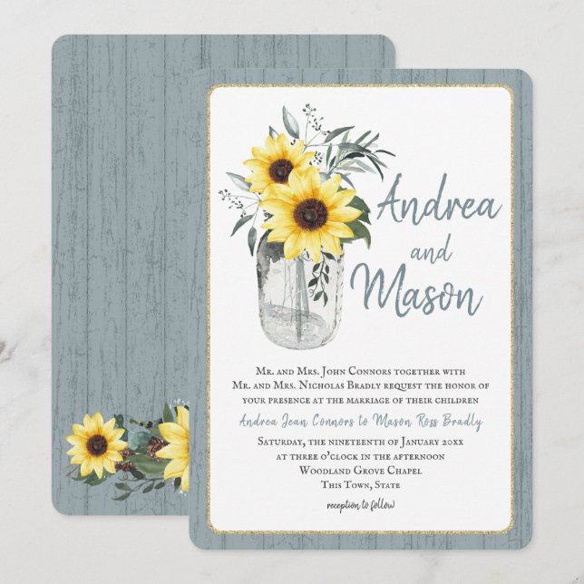 Invitation Dusty Blue et Sunflower Jar Rustique Mariage (Devant / Derrière)