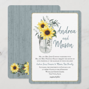 Invitation Dusty Blue et Sunflower Jar Rustique Mariage