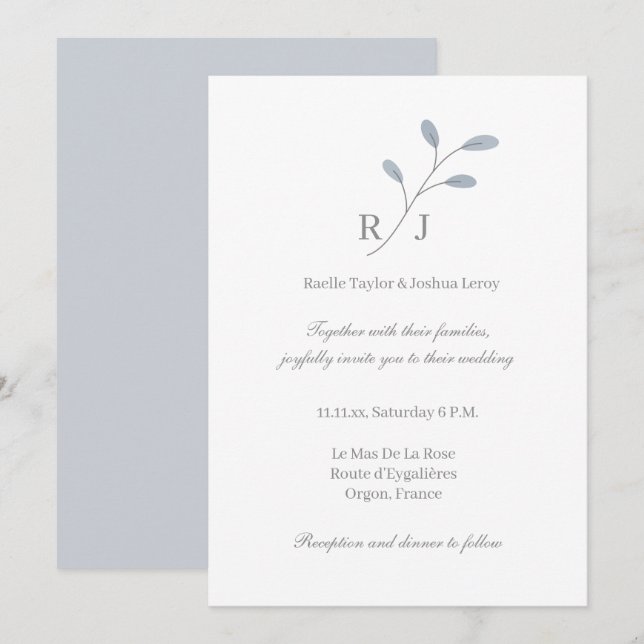 Invitation Dusty Blue Feuilles Monogramme Mariage botanique (Devant / Derrière)