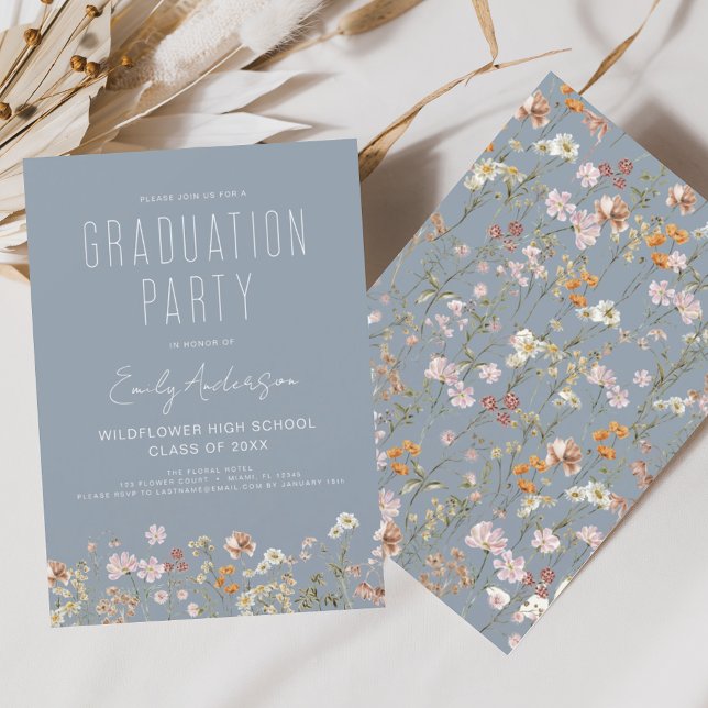 Invitation Dusty Blue Fleur sauvage Bloom Graduation Party Bo (Créateur téléchargé)