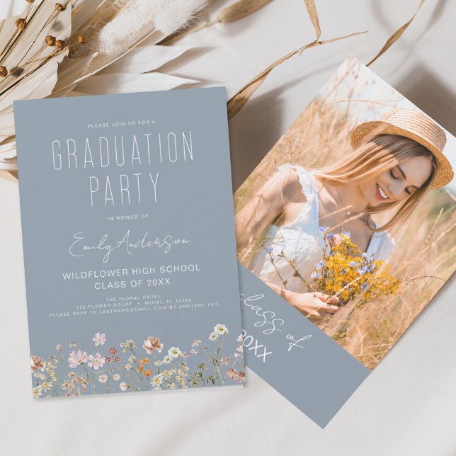 Invitation Dusty Blue Fleur sauvage Graduation Party Boho Blo (Créateur téléchargé)