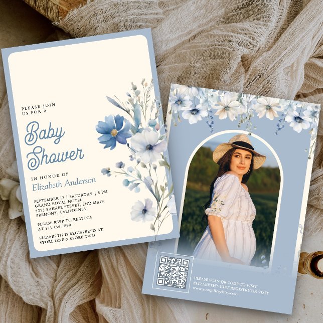 Invitation Dusty Blue Fleur sauvage photo Baby shower de code (Créateur téléchargé)