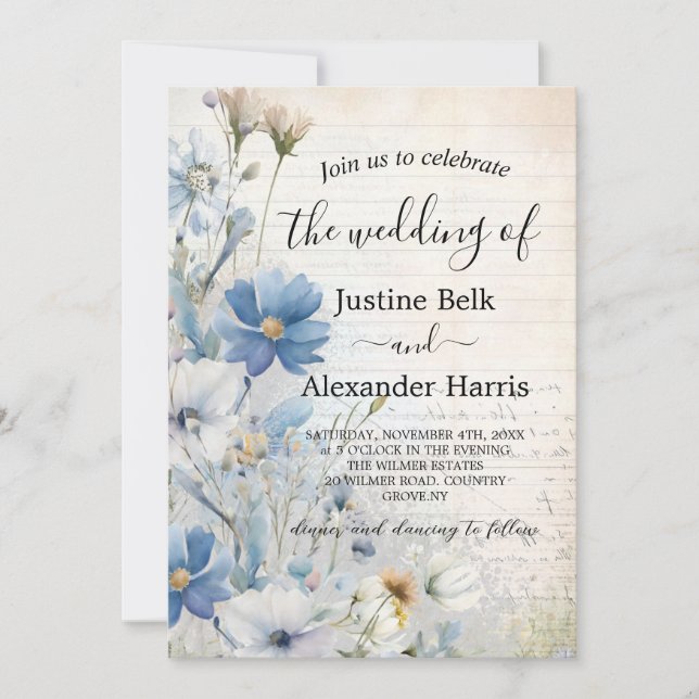 Invitation Dusty Blue Fleur sauvage Photo QR Code Mariage (Devant)