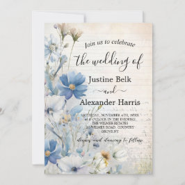 Invitation Dusty Blue Fleur sauvage Photo QR Code Mariage