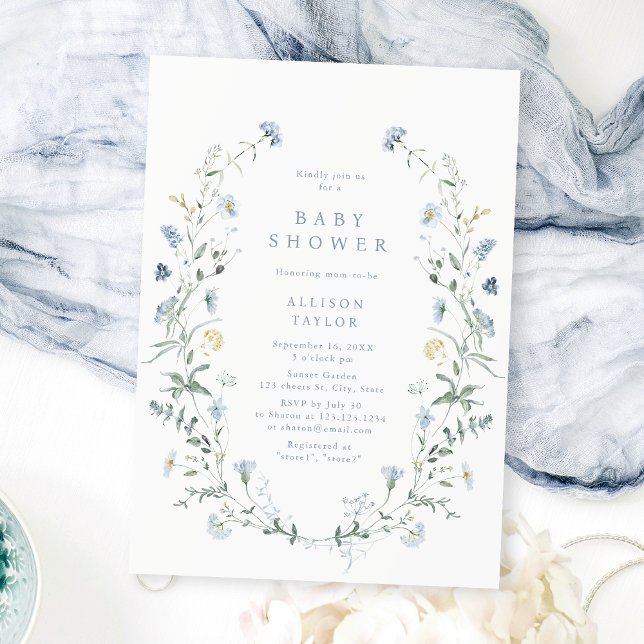 Invitation Dusty Blue Fleur sauvage Rustic Boho Baby shower (Dusty Blue Wildflower Rustic Boho Baby Shower Invitation)