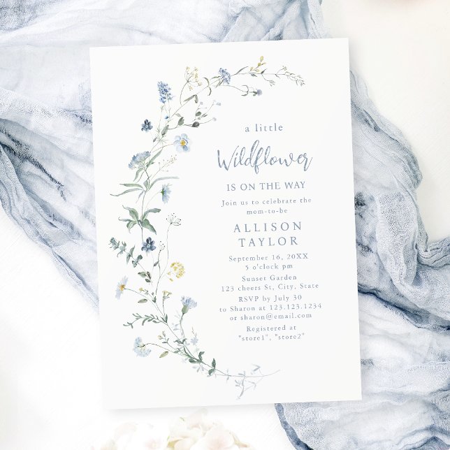 Invitation Dusty Blue Fleur sauvage Rustic Boho Baby shower (Dusty Blue Wildflower Rustic Boho Baby Shower Invitation)