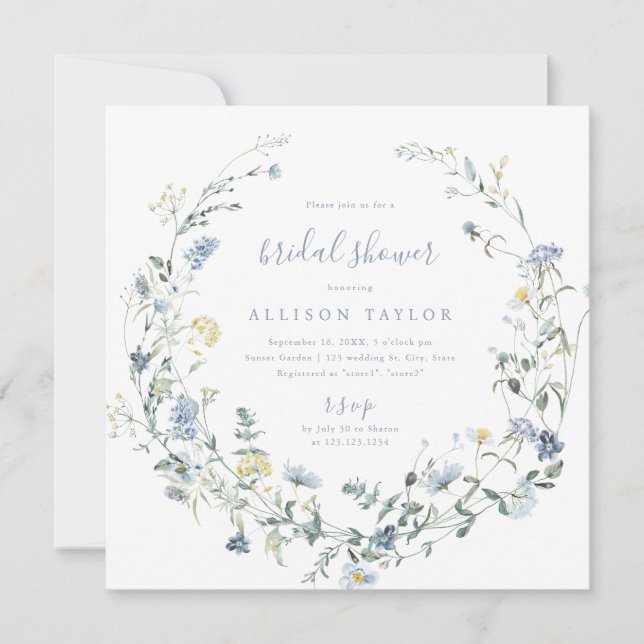 Invitation Dusty Blue Fleur sauvage Rustic Boho Fête des mari (Devant)
