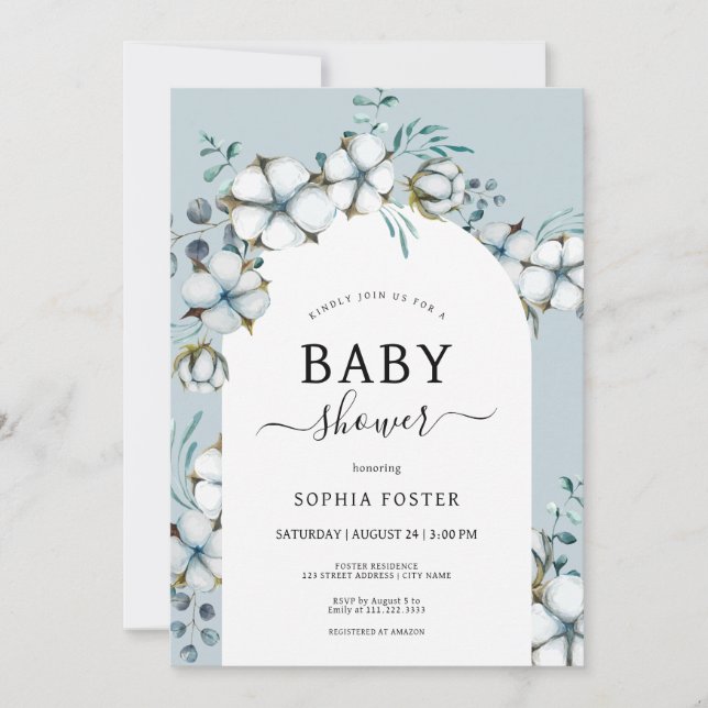 Invitation Dusty Blue, fleurs en coton, Baby shower en arc bl (Devant)
