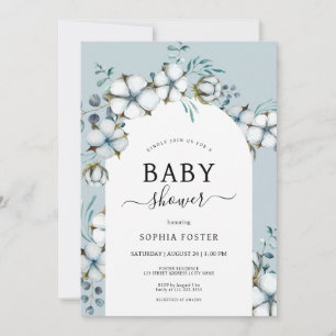 Invitation Dusty Blue, fleurs en coton, Baby shower en arc bl
