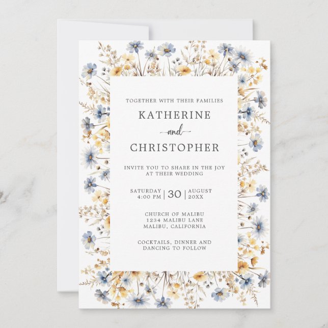 Invitation Dusty Blue Fleurs sauvages mariage élégant (Devant)
