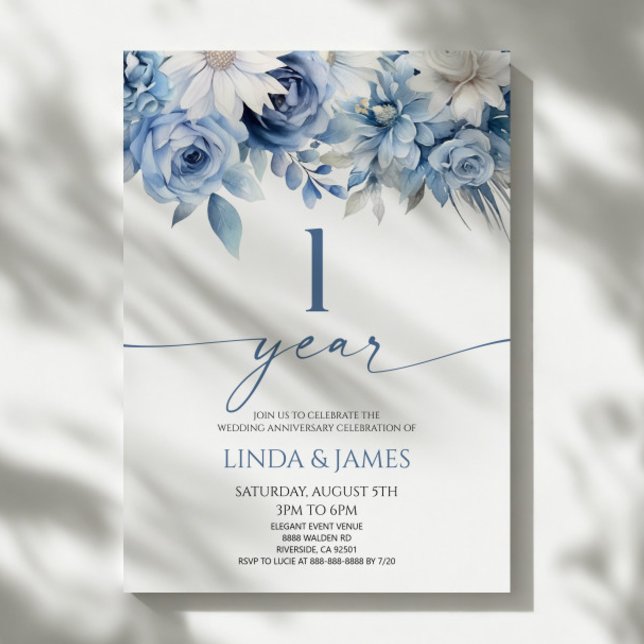 Invitation Dusty Blue Floral 1st Wedding Anniversary (Créateur téléchargé)