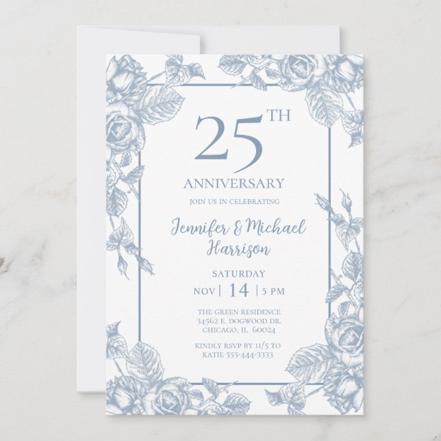 Invitation Dusty Blue Floral 25e anniversaire (Devant)