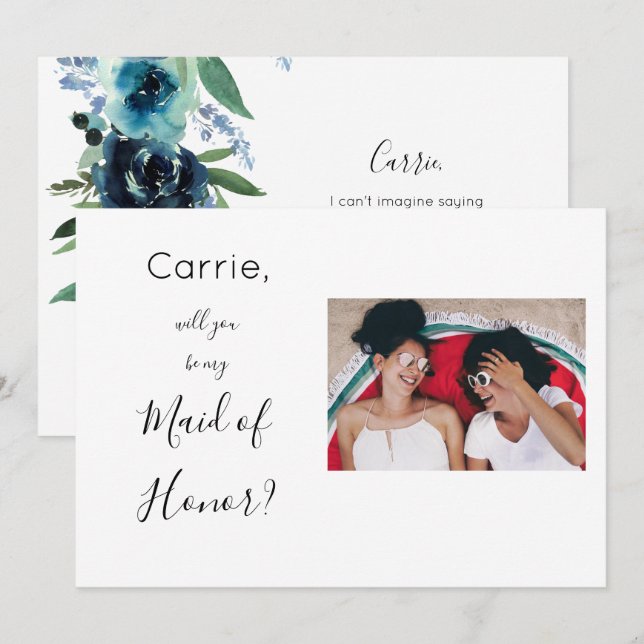 Invitation Dusty Blue Floral 2 Maid of Honor Proposition Phot (Devant / Derrière)