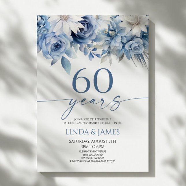 Invitation Dusty Blue Floral 60th Wedding Anniversary (Créateur téléchargé)