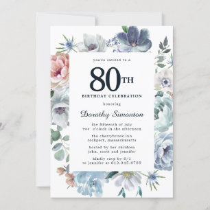 Invitation Dusty Blue Floral 80e anniversaire