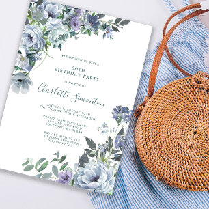 Invitation Dusty Blue Floral 80e fête d'anniversaire