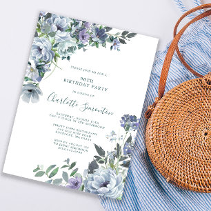 Invitation Dusty Blue Floral 90e fête d'anniversaire