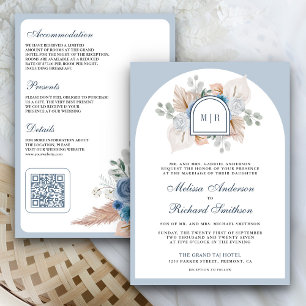 Invitation Dusty Blue Floral Boho Pampas QR Code Mariage