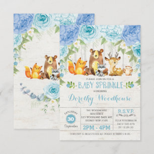 Invitation Dusty Blue Floral Bois Animaux Baby shower garçon