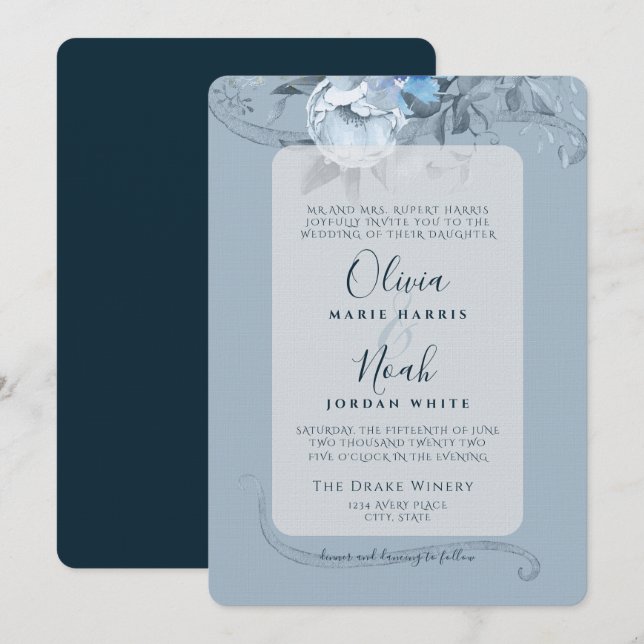 Invitation Dusty Blue Floral Calligraphie Aquarelle Invitatia (Devant / Derrière)
