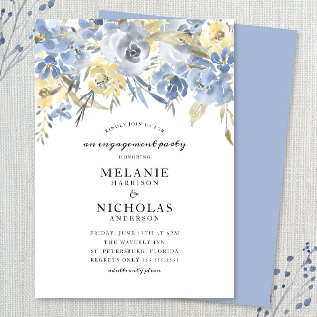 Invitation Dusty Blue Floral Drop Engagement Party (Créateur téléchargé)