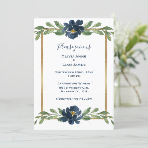 Invitation Dusty Blue Floral Élégant Mariage Floral Or