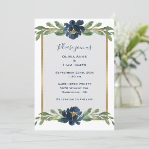 Invitation Dusty Blue Floral Élégant Mariage Floral Or