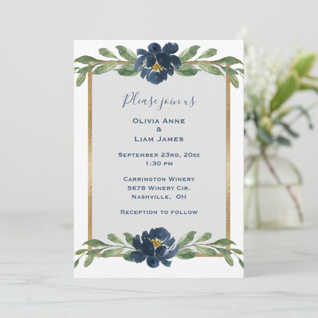 Invitation Dusty Blue Floral Élégant Mariage or (Debout devant)