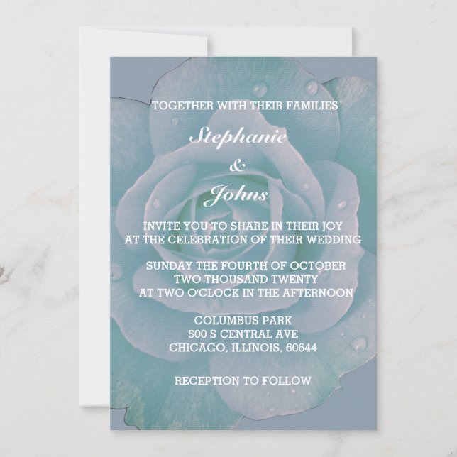 Invitation Dusty Blue Floral Élégant Rose Classy Mariage (Devant)