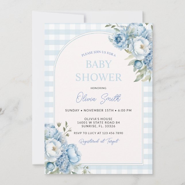 Invitation Dusty Blue Floral En vichy Baby shower (Devant)