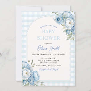 Invitation Dusty Blue Floral En vichy Baby shower