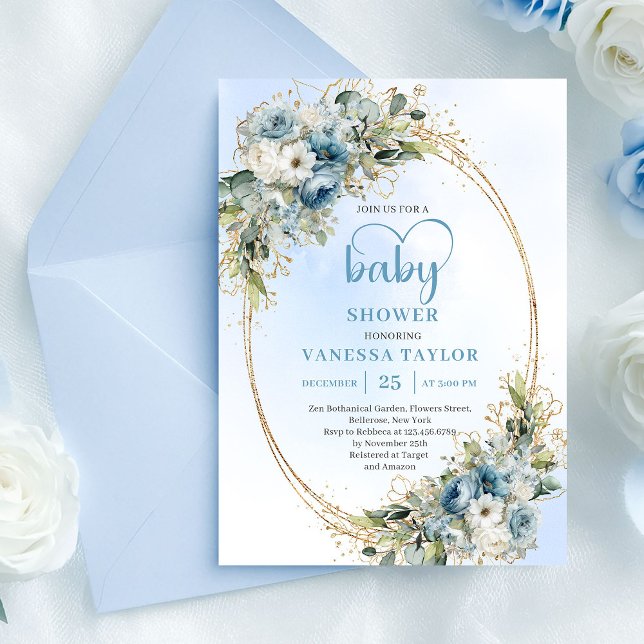 Invitation Dusty Blue Floral Eucalyptus Gold Script Baby Show (Dusty Blue Floral Eucalyptus Gold Script Baby Shower

)