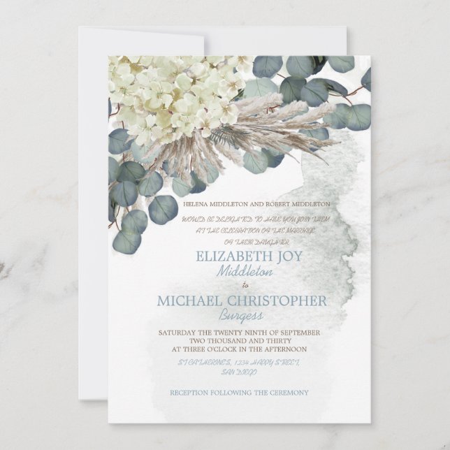 Invitation Dusty Blue Floral Eucalyptus Laissez un mariage él (Devant)