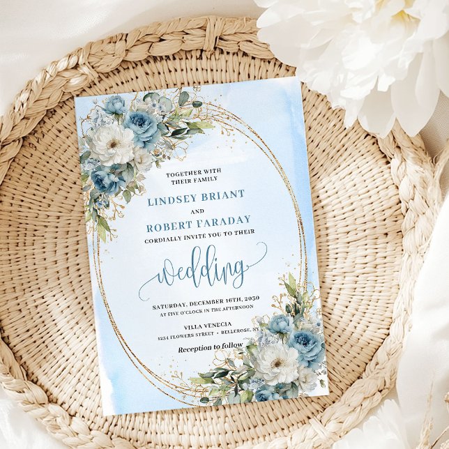 Invitation Dusty Blue Floral Gold Glitter Boho Wedding Invite (Dusty Blue Floral Gold Glitter Boho Wedding Invitation)