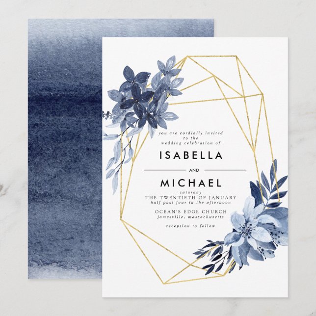 Invitation Dusty Blue Floral Gold Mariage de cadre géométriqu (Devant / Derrière)
