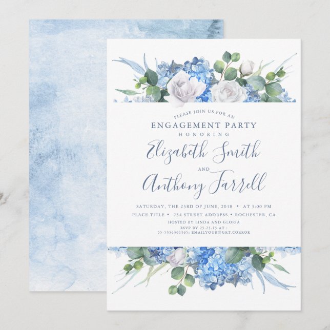 Invitation Dusty Blue Floral Green Party (Devant / Derrière)
