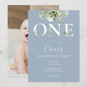 Invitation Dusty Blue Floral Greenery 1er Anniversaire Photo